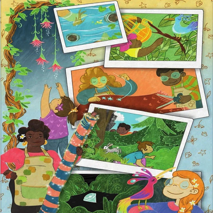 Snapshots of contestants: a fisherman, a birdcage, a weaver, a rabbit in the grass, and a girl with a rainbow bird