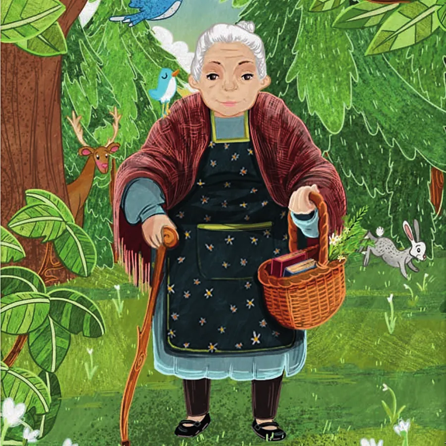 Dorabella, a small old woman with white hair, a red shawl, a dark apron with tiny flowers, a walking stick and a basket, in the woods with a deer, a rabbit and a bluebird