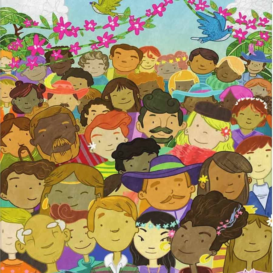 A crowd of smiling faces under garlands of pink flowers and two bluebirds