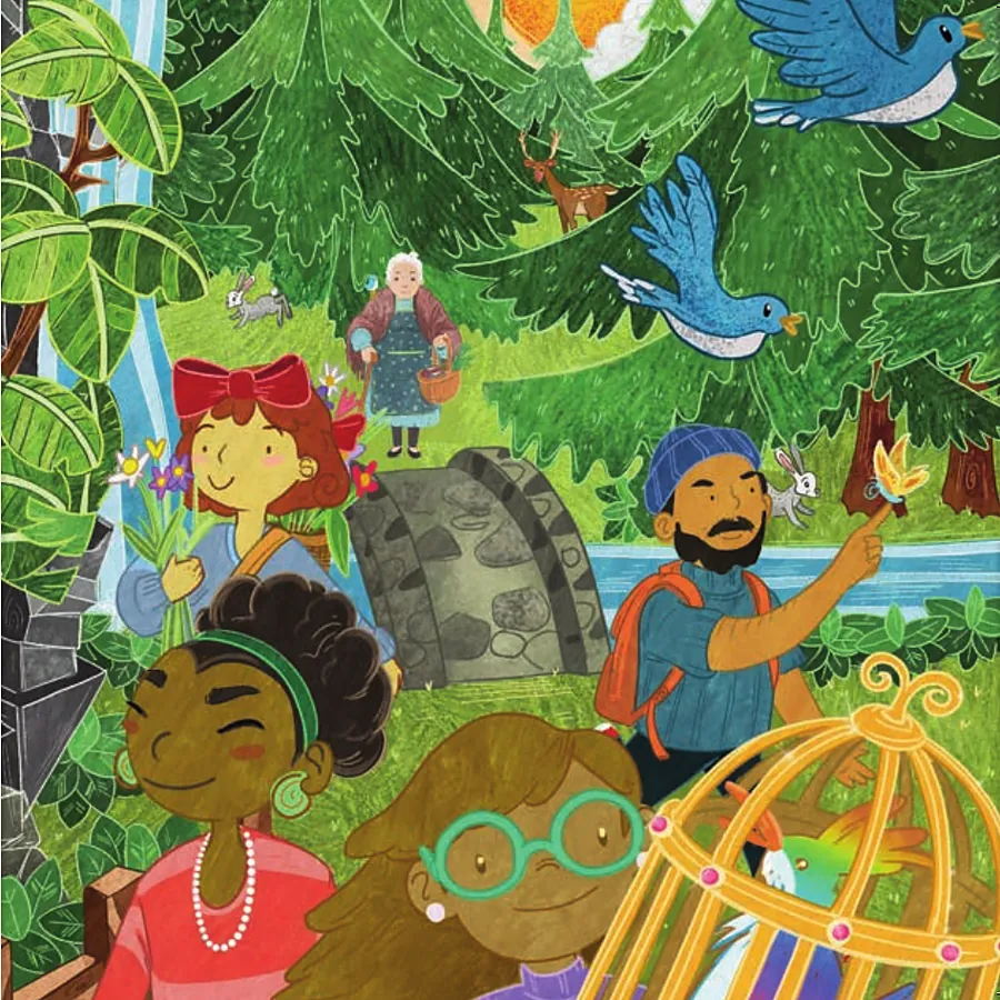 Contestants search a green forest: a girl with a red bow gathers flowers, a man reaches for a butterfly, and far back on the path, a little old woman with a basket