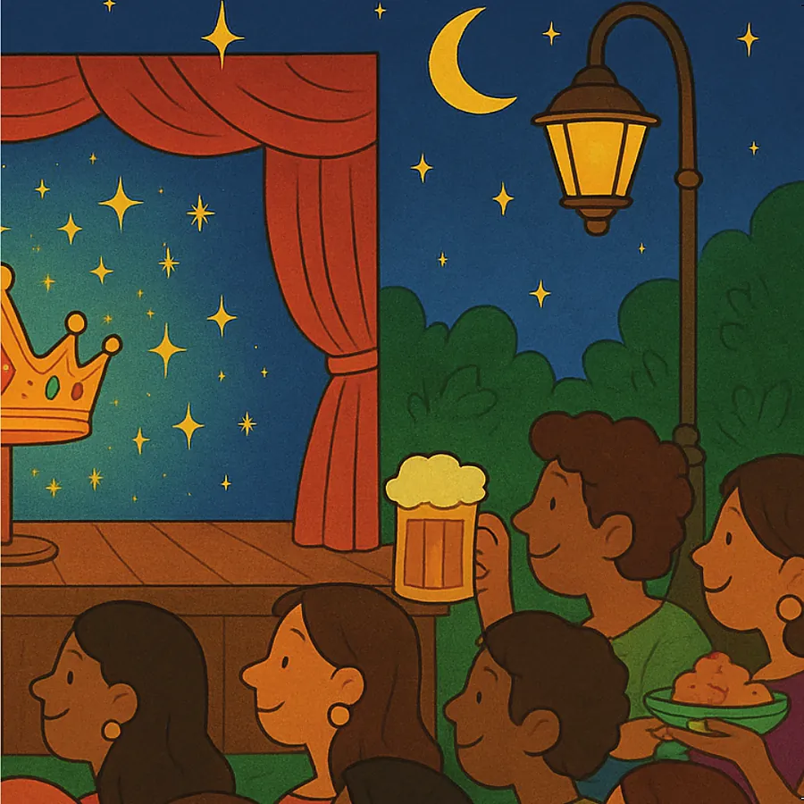 Night falls over the square: lanterns lit, a crescent moon, a crown on the stage and villagers watching with drinks in hand