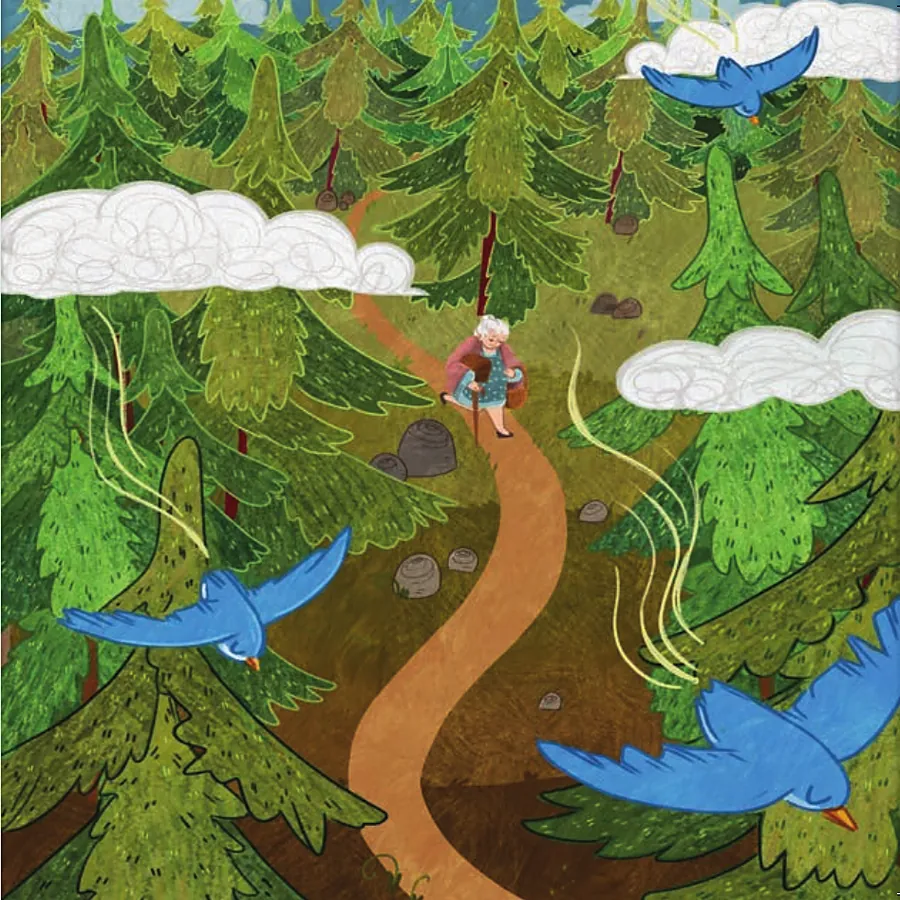 Seen from above, a winding path through pine forest with a tiny Dorabella hurrying along it and bluebirds flying past