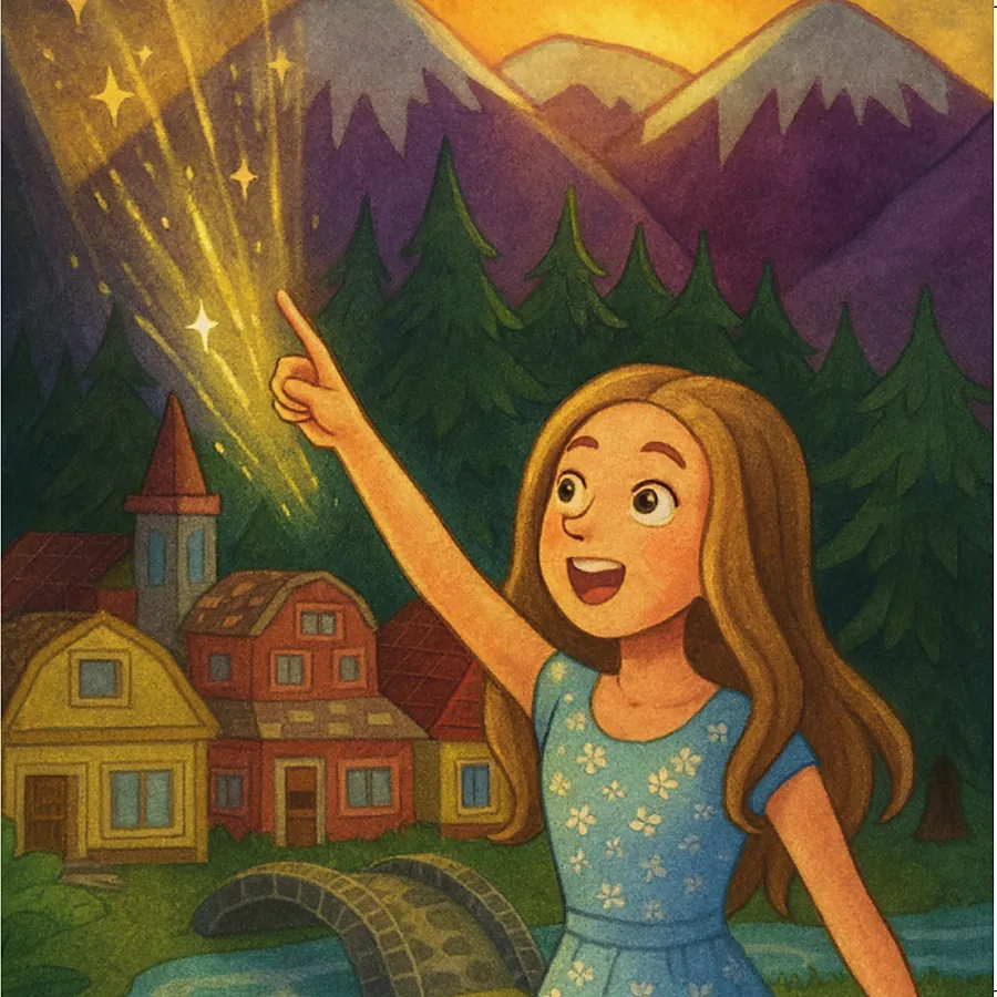 A girl in a blue flowered dress points up at a shooting star over the village