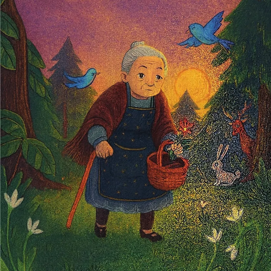 Dorabella at sunset, holding a single red flower, with bluebirds overhead and the sun going down behind the pines