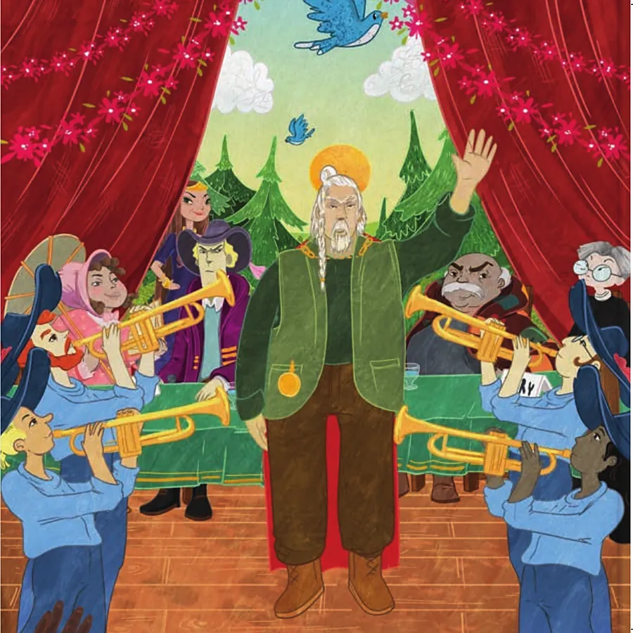 The burgomaster raises his hand on the stage while trumpeters in blue play