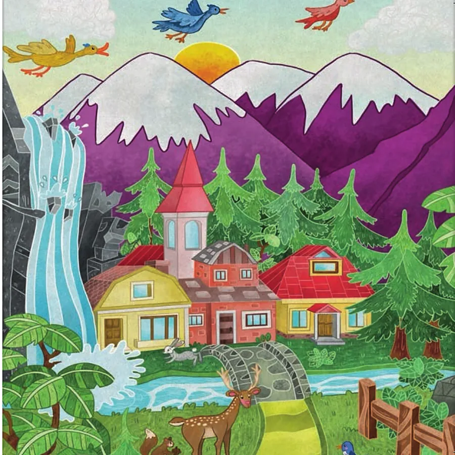The village of Meredee: bright little houses with red roofs, a church tower, a waterfall and snowy purple mountains behind